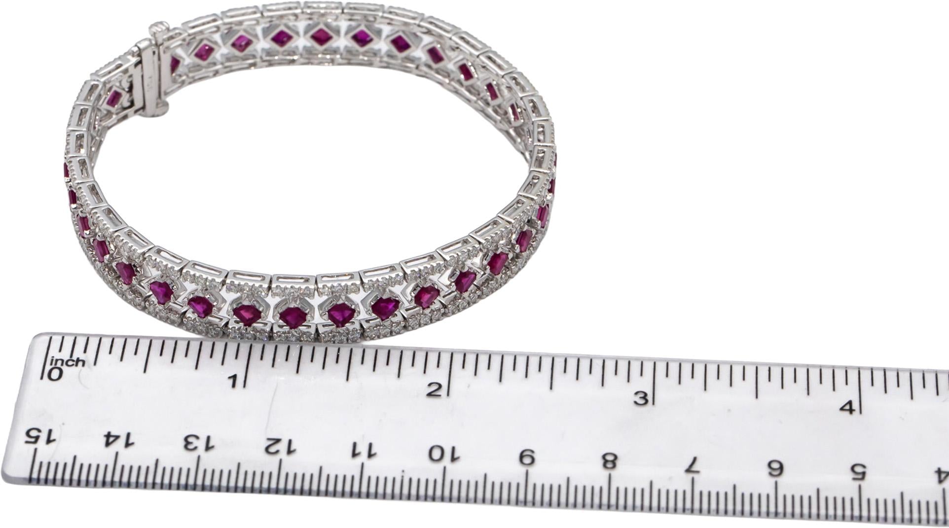 18k White Gold Square Cut Ruby & VS Round Diamond Fancy Link Bracelet 11.09CTW