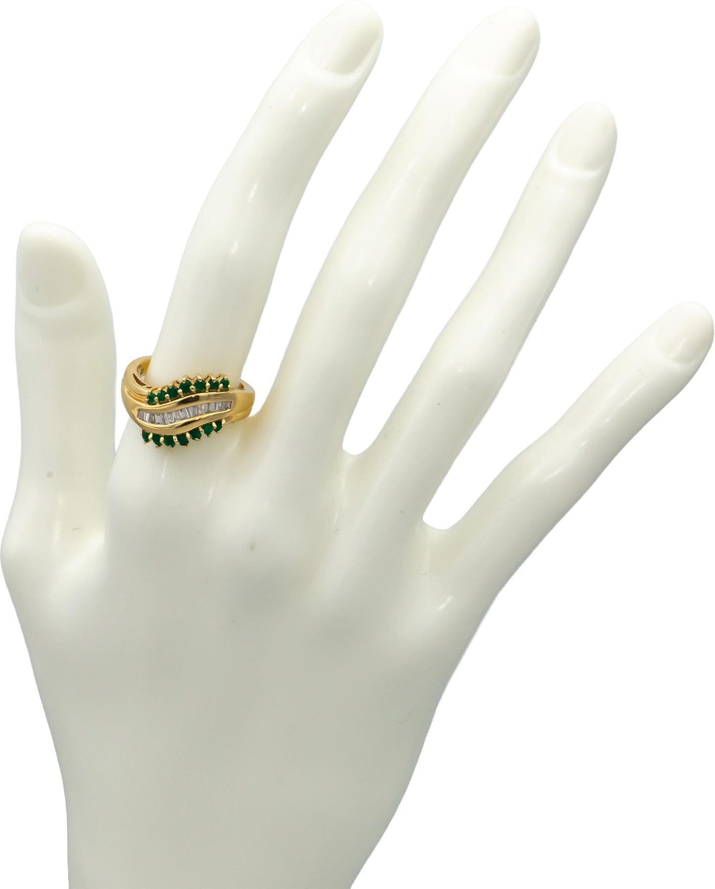 14k Yellow Gold Baguette Diamond Round Emerald Cocktail Ring 0.50CT Size 6.75