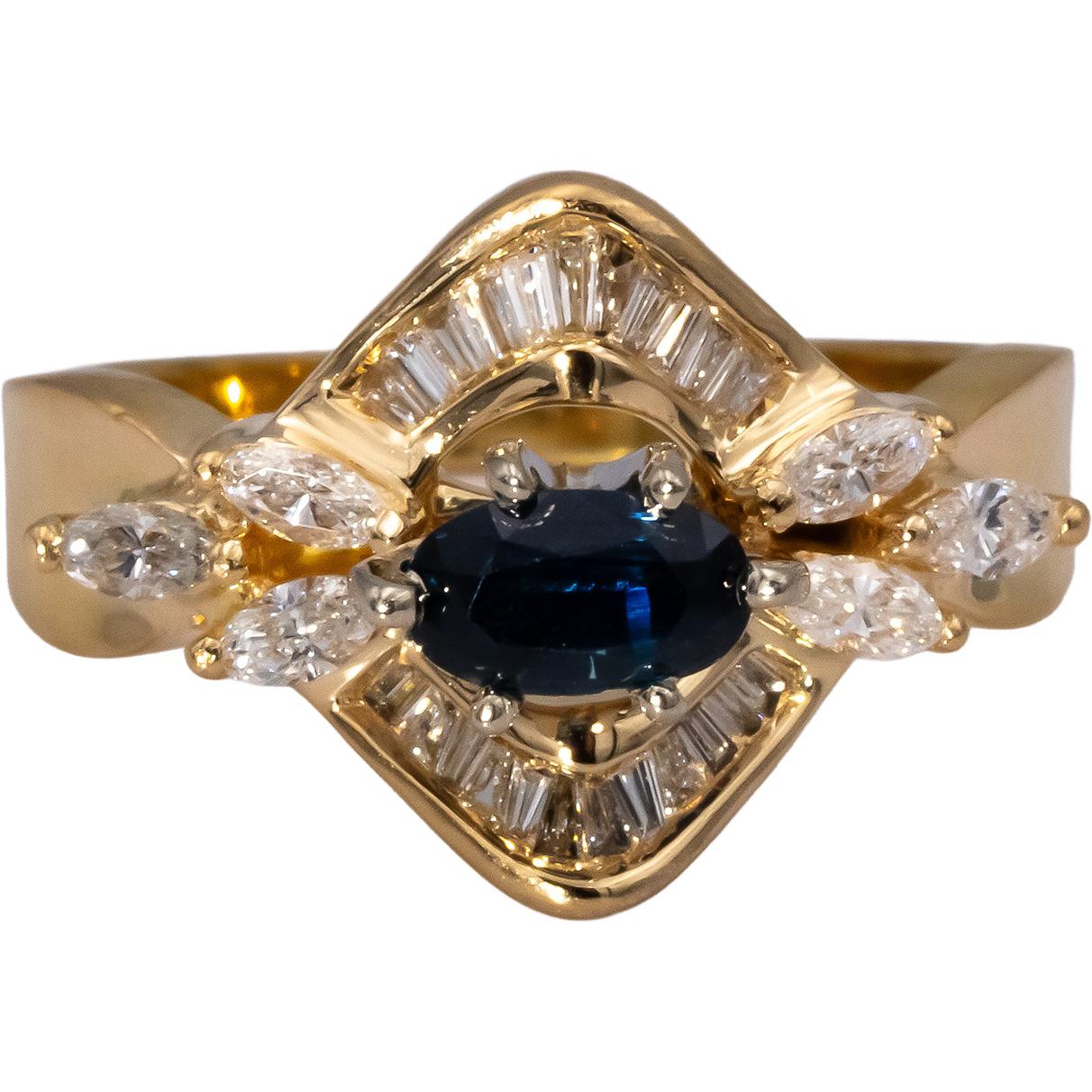 18k Yellow Gold VS Diamond and Blue Sapphire Cocktail Ring 1.24CTW Size 6.5