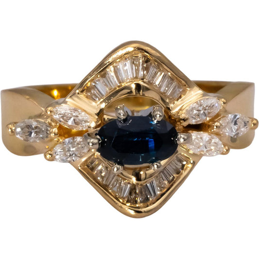18k Yellow Gold VS Diamond and Blue Sapphire Cocktail Ring 1.24CTW Size 6.5