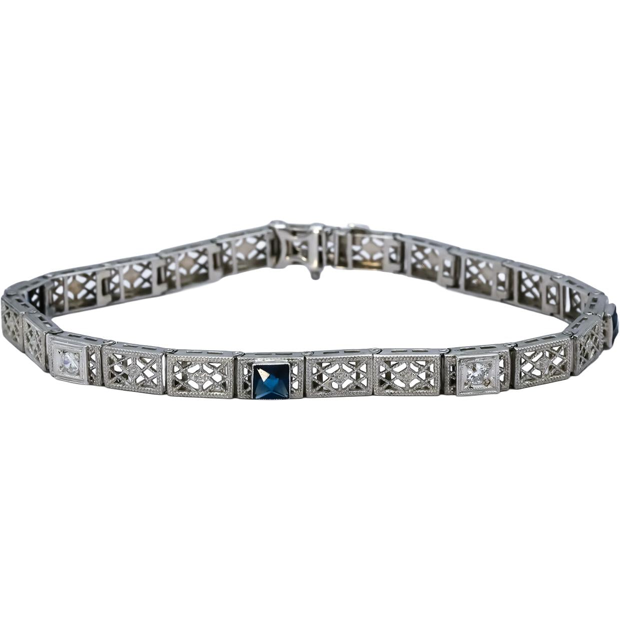Vintage Antique 14k White Gold Diamond & Synthetic Gemstone Bracelet 0.15CT