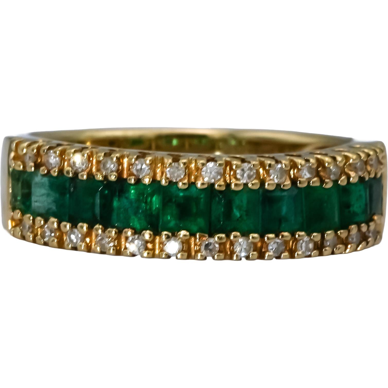 EFFY 14k Yellow Gold Emerald and Diamond Band Ring 0.85CTW Size 7.25