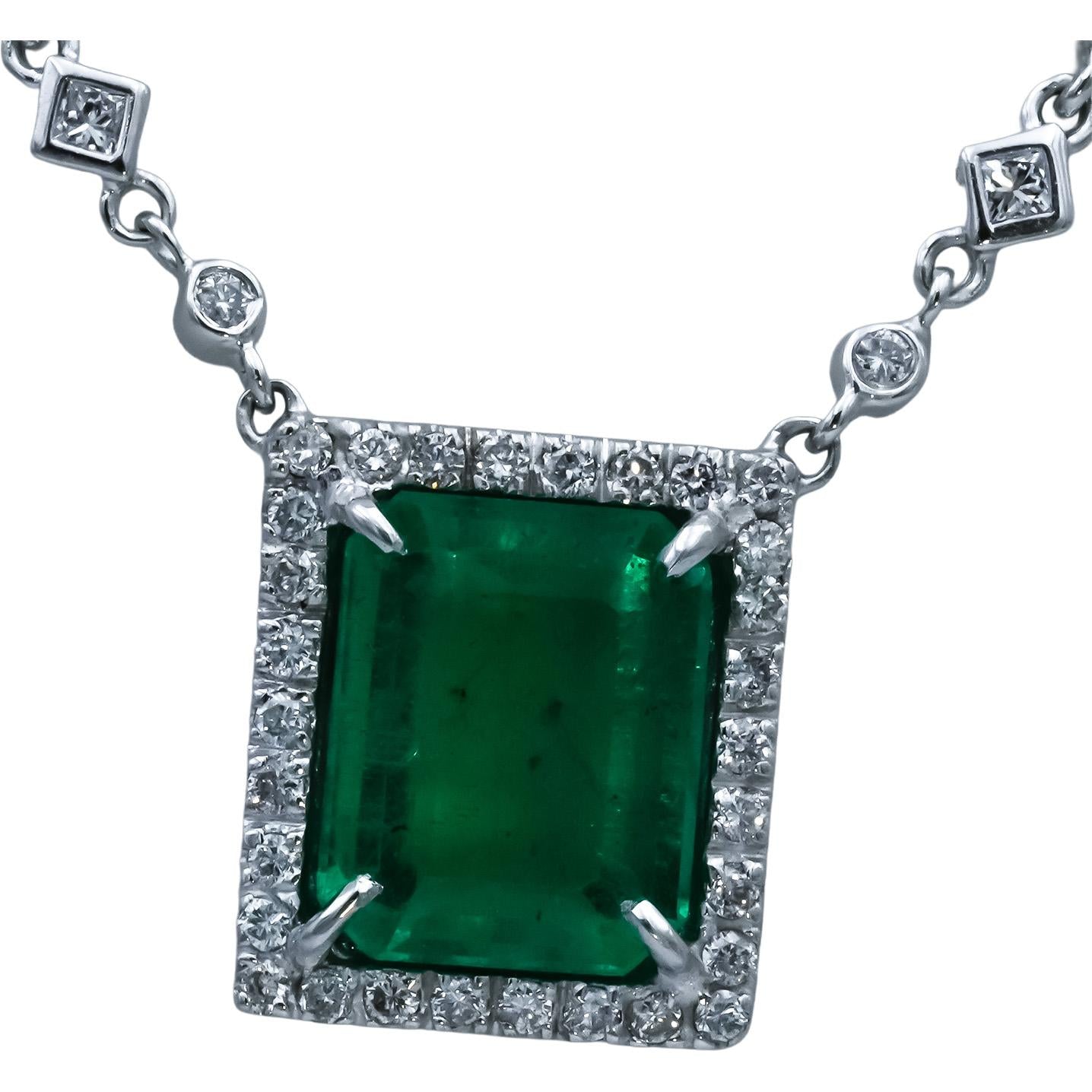 14k White Gold Emerald and Diamond Pendant Necklace 4.59CTW
