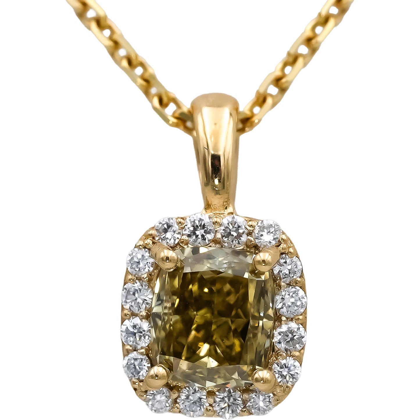 18k & 14k Yellow Gold VS Cushion and Round Diamond Pendant Necklace 1.15CT