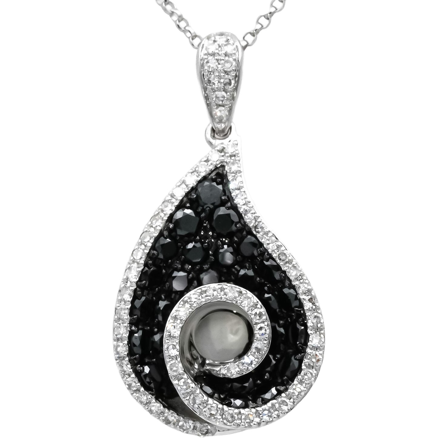 14k White Gold Round White and Black Diamond Spiral Pendant Necklace 0.75CT