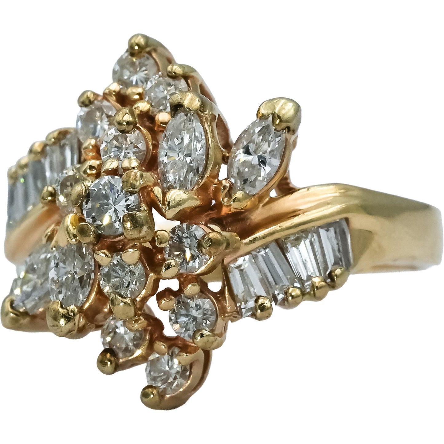 14k Yellow Gold Marquise Baguette Round Diamond Cocktail Ring 1.50CT Size 7