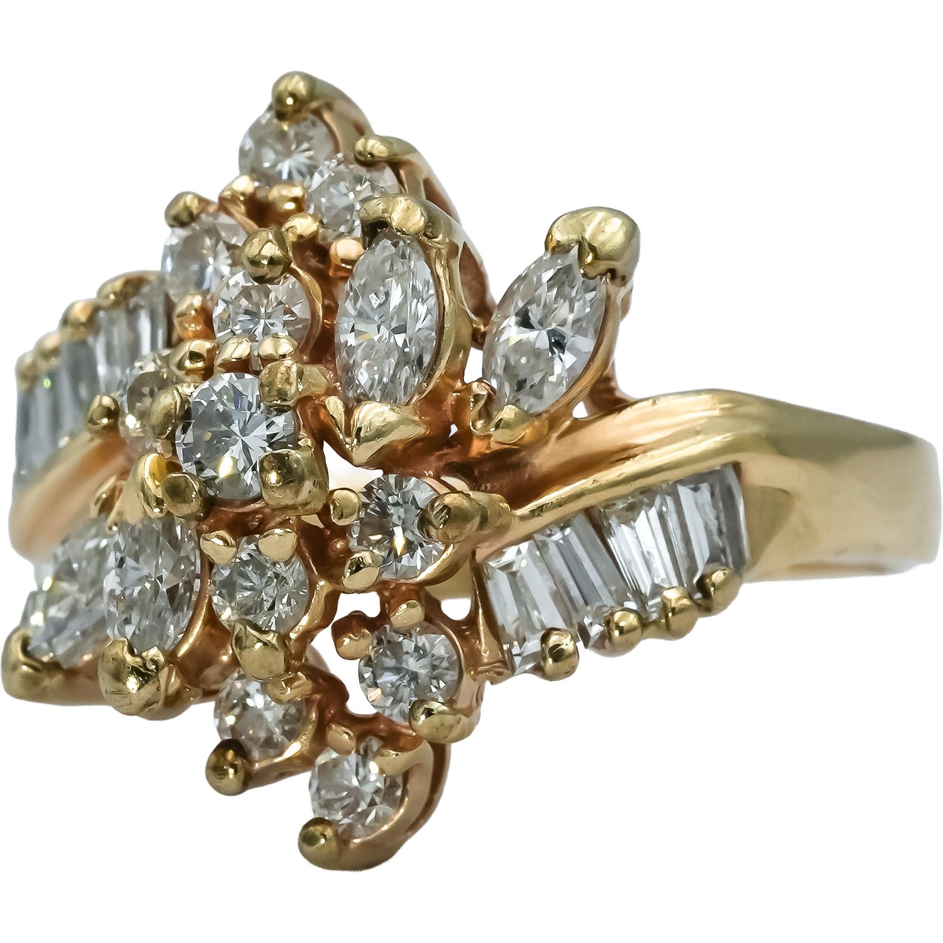 14k Yellow Gold Marquise Baguette Round Diamond Cocktail Ring 1.50CT Size 7