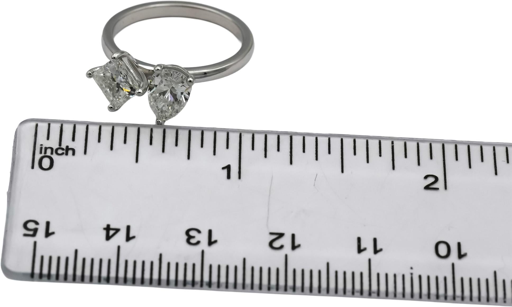 14k White Gold Pear & Princess Cut Diamond Two Stone Ring 1.64CT Size 6.25