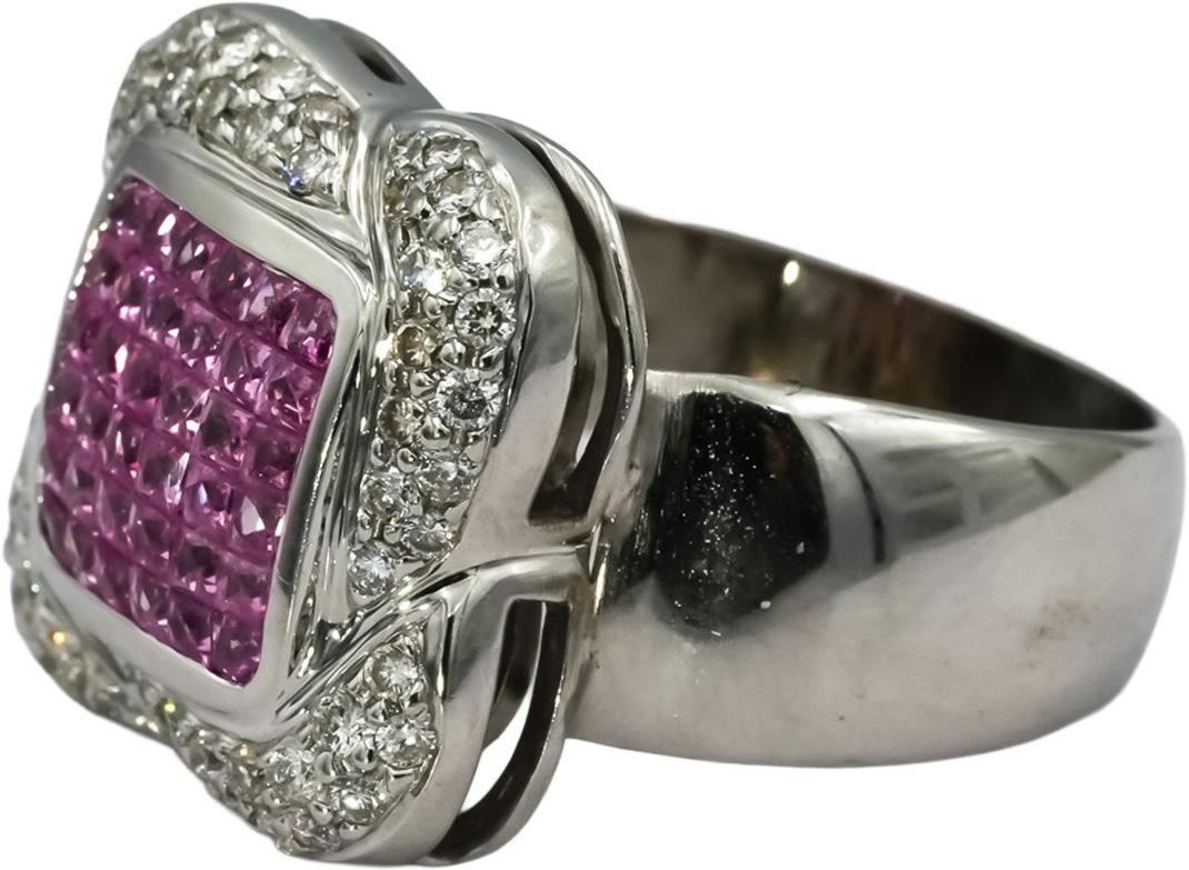 14k White Gold Diamond and Pink Sapphire Cluster Cocktail Ring 1.50CT Size 7.75