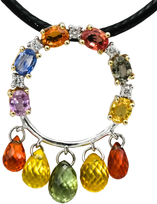 18k White Gold Diamond and Multi Color Sapphire Dangle Pendant Necklace 0.10CT