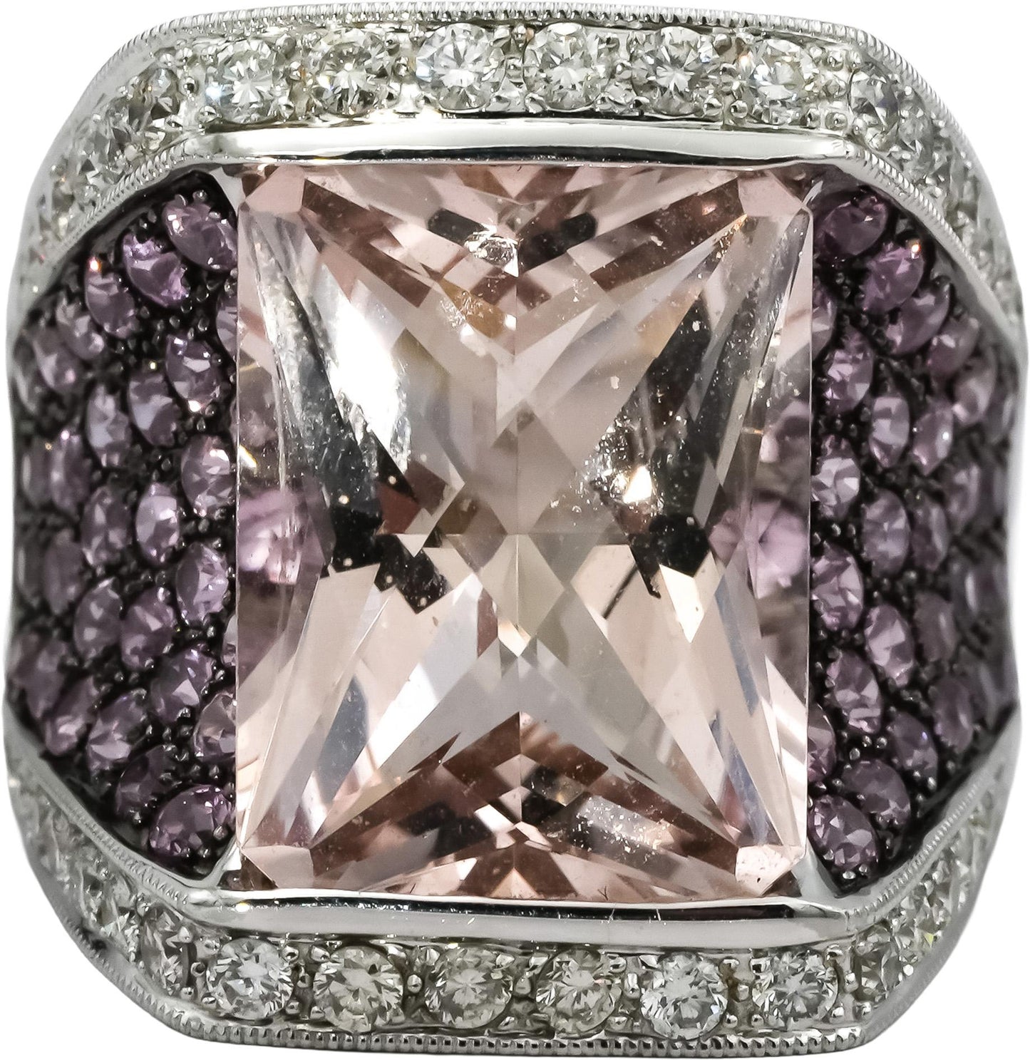 18k White Gold VS Morganite Diamond and Sapphire Cocktail Ring 13.36CT Size 7