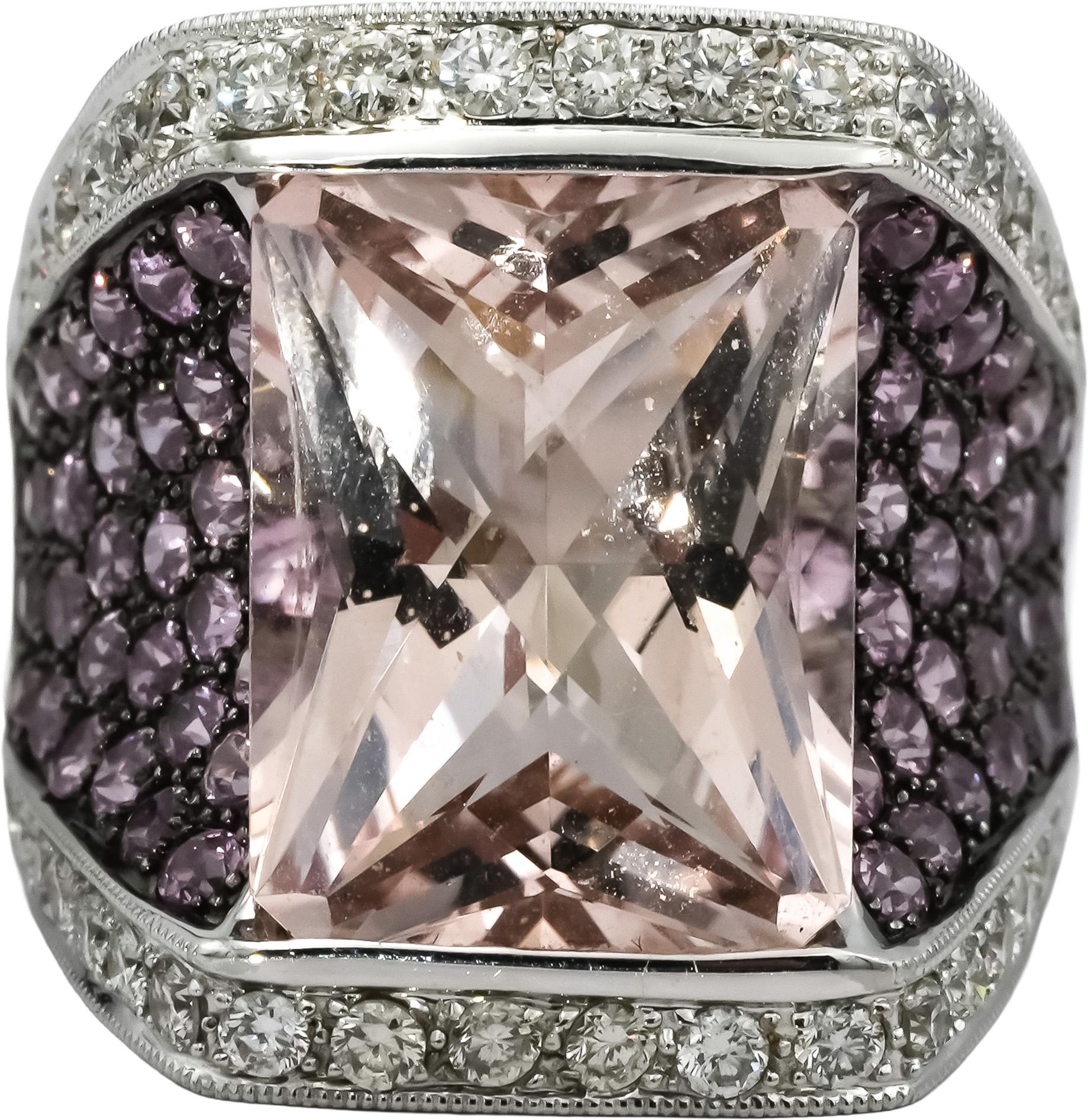 18k White Gold VS Morganite Diamond and Sapphire Cocktail Ring 13.36CT Size 7