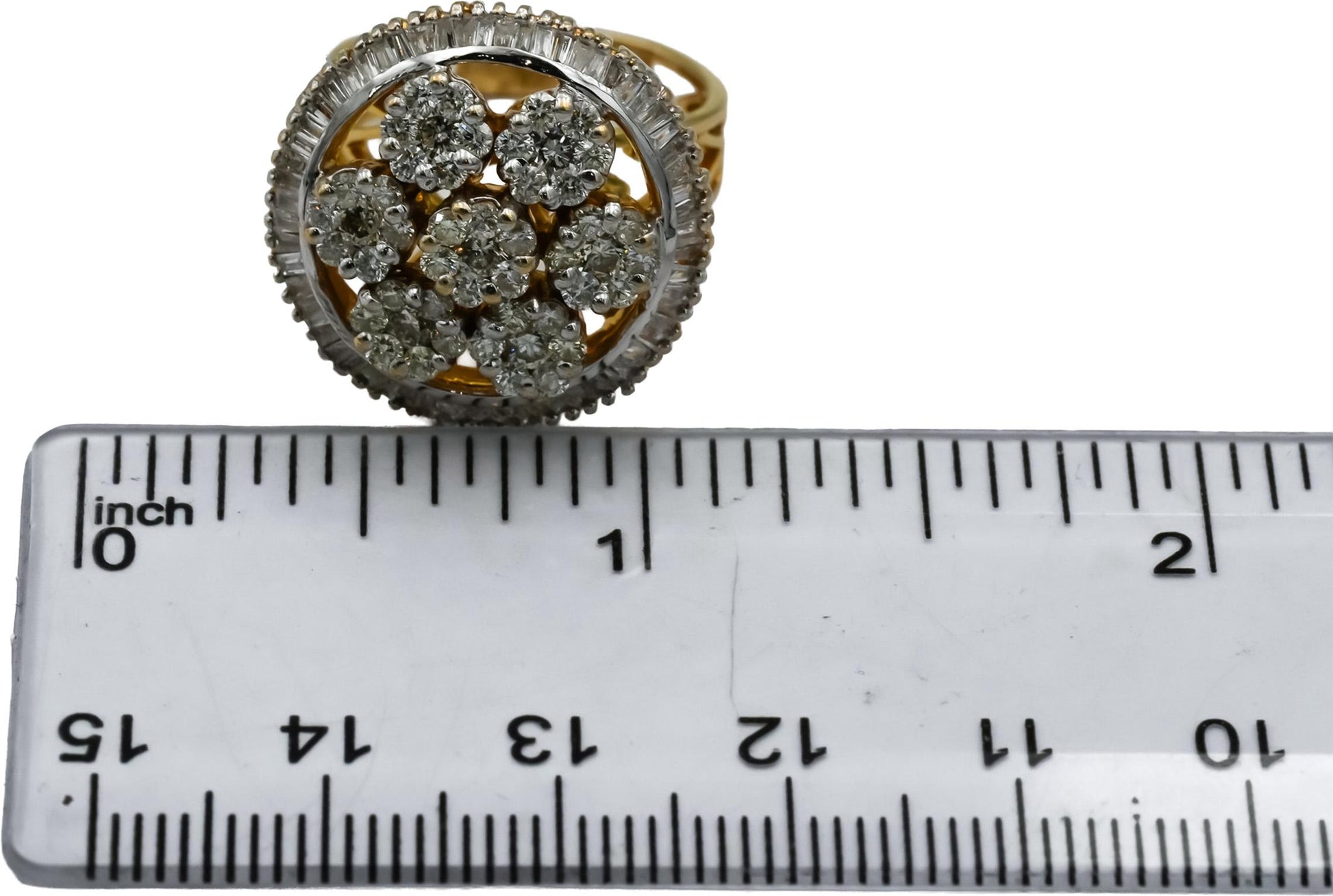 14k Yellow Gold Round and Baguette Cut Diamond Cocktail Ring 1.31CT Size 6