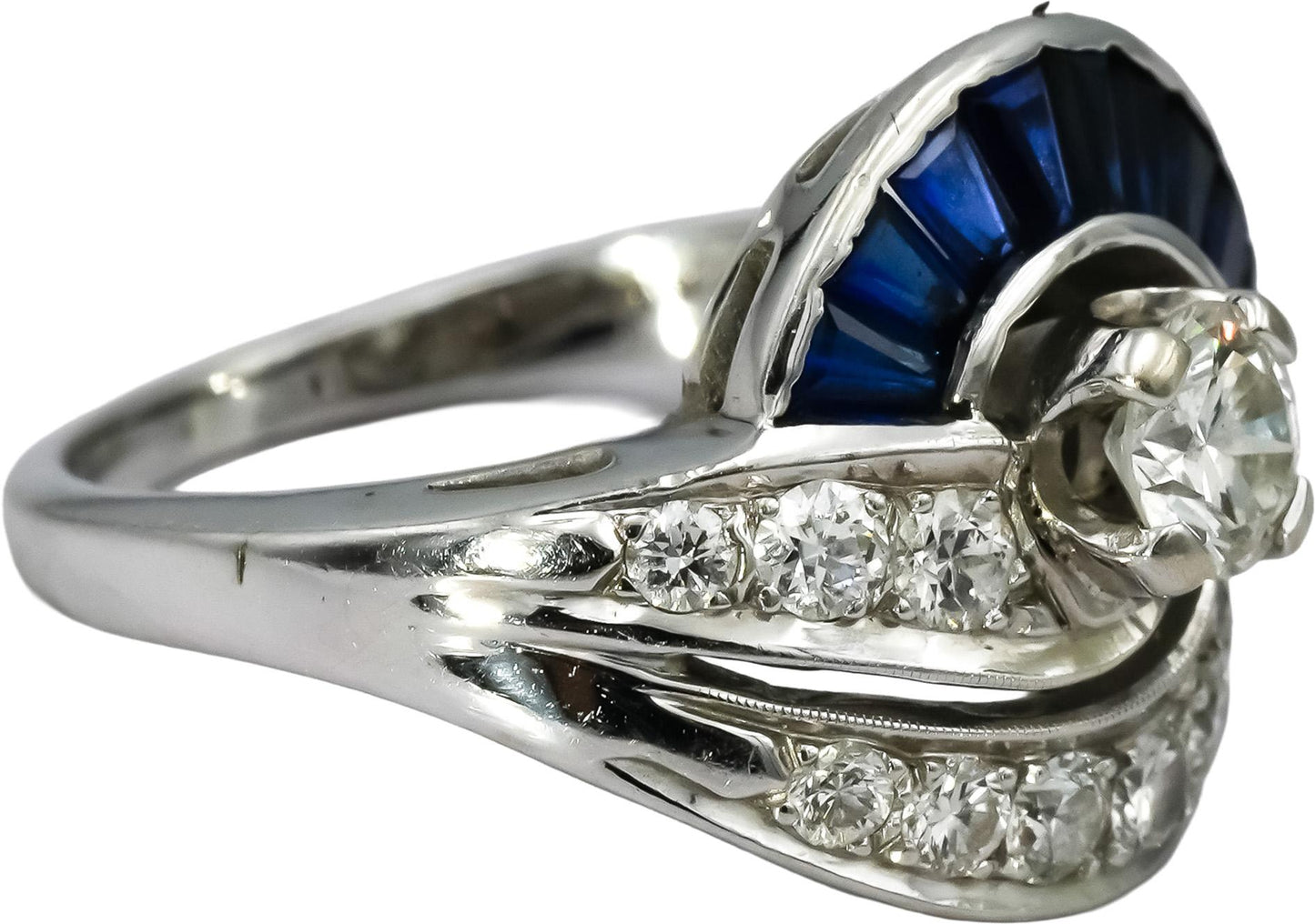Antique Retro 14k White Gold Diamond and Sapphire Ring 1.20CT Size 5.75