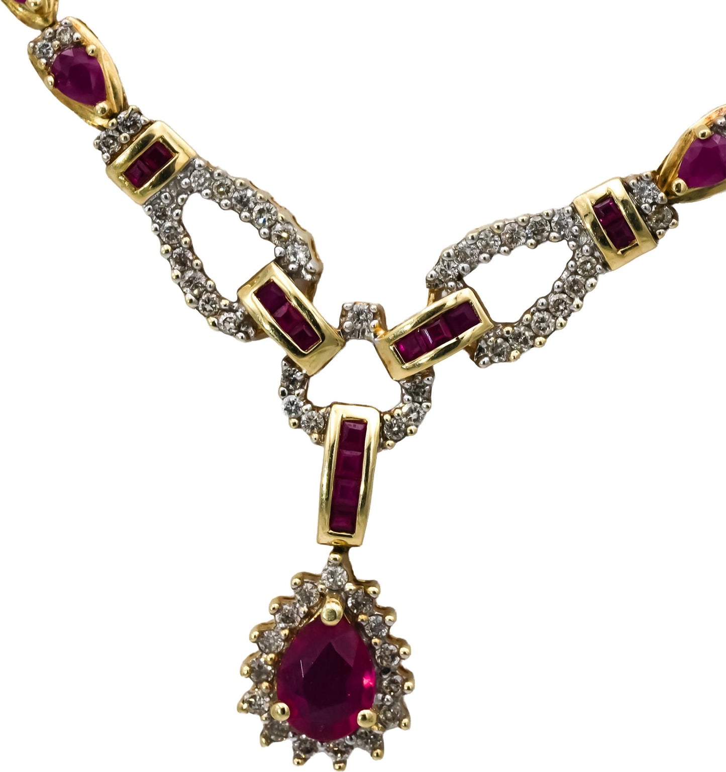 14k Yellow Gold Round Diamond and Pear Cut Ruby Formal Necklace 11.50CT