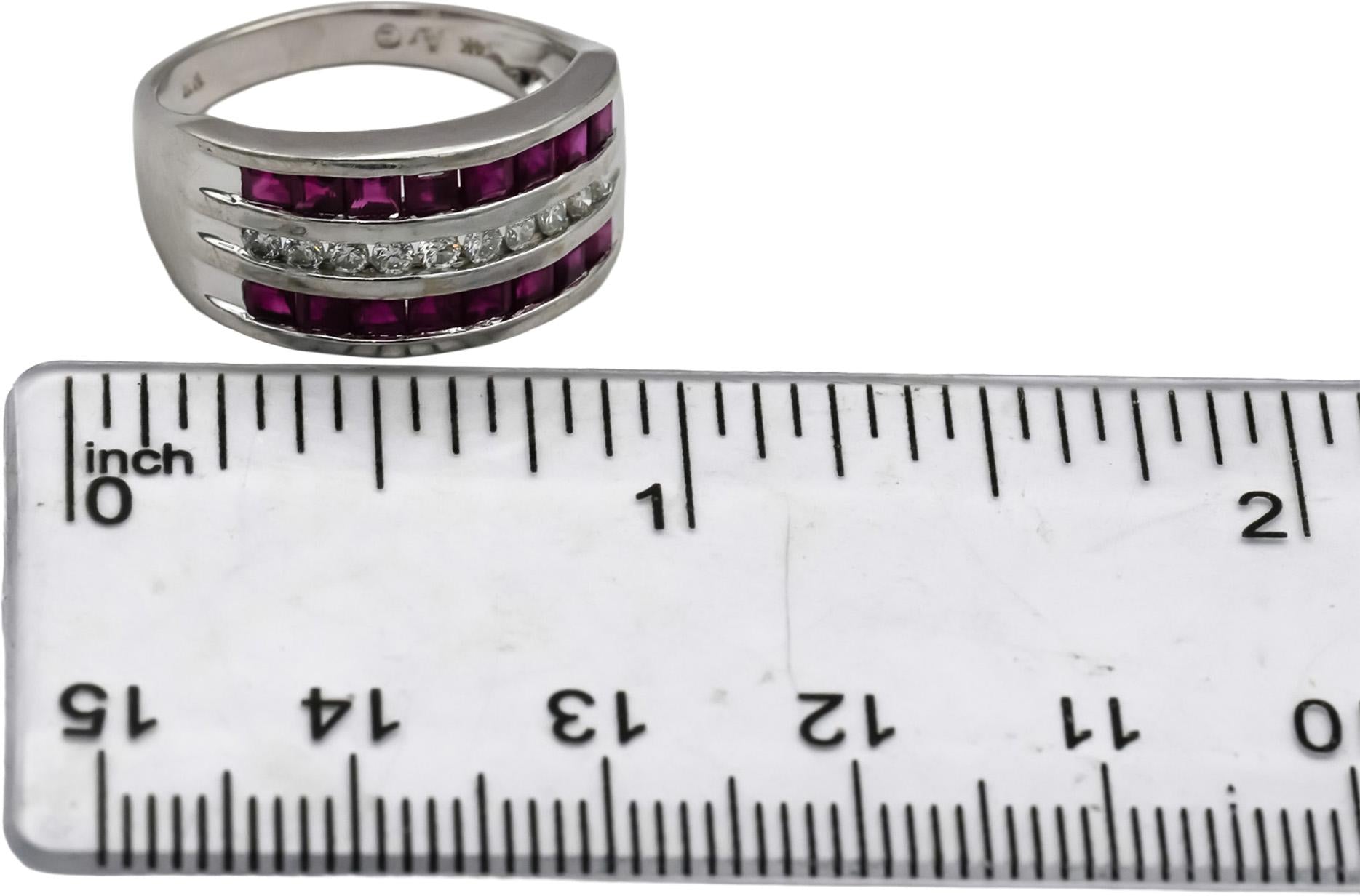 14k White Gold Diamond and Ruby Three Row Band Ring 1.0CT Size 6.75