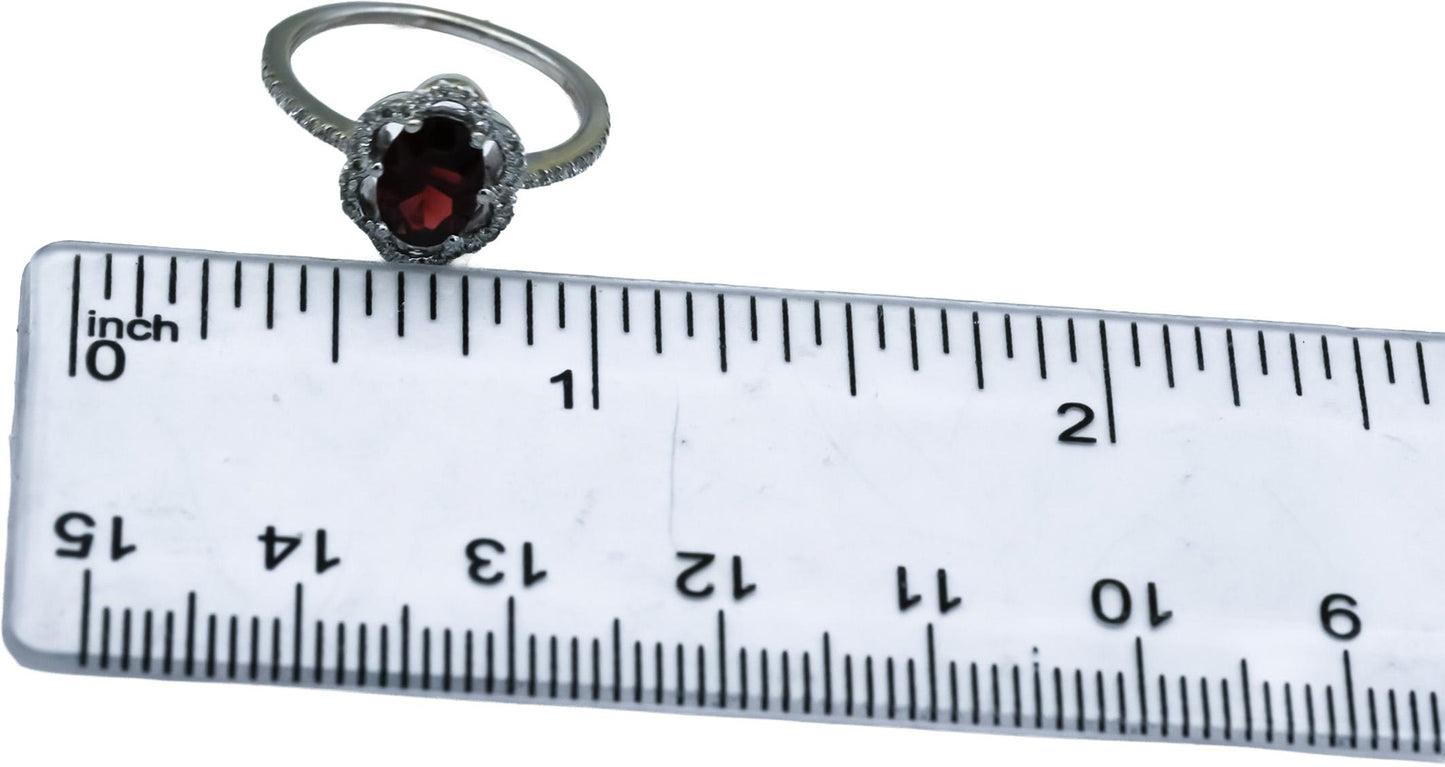 14k White Gold Round diamond Oval Garnet Cocktail Ring 1.20CT Size 4