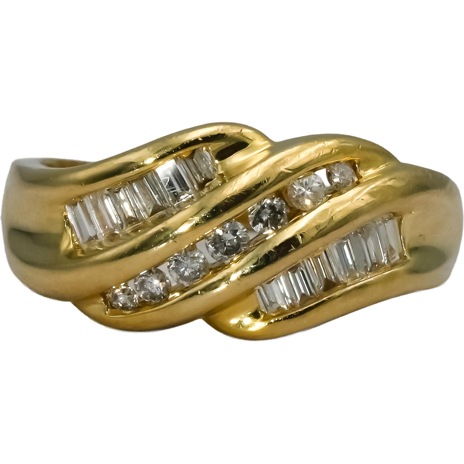 14k Yellow Gold Round and Baguette Diamond Wavy Band Ring 0.50CT Size 8.75