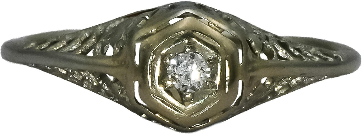 Art Deco Antique Filigree 18k White Gold VS Diamond Solitaire Ring 0.05CT Sz 6.5