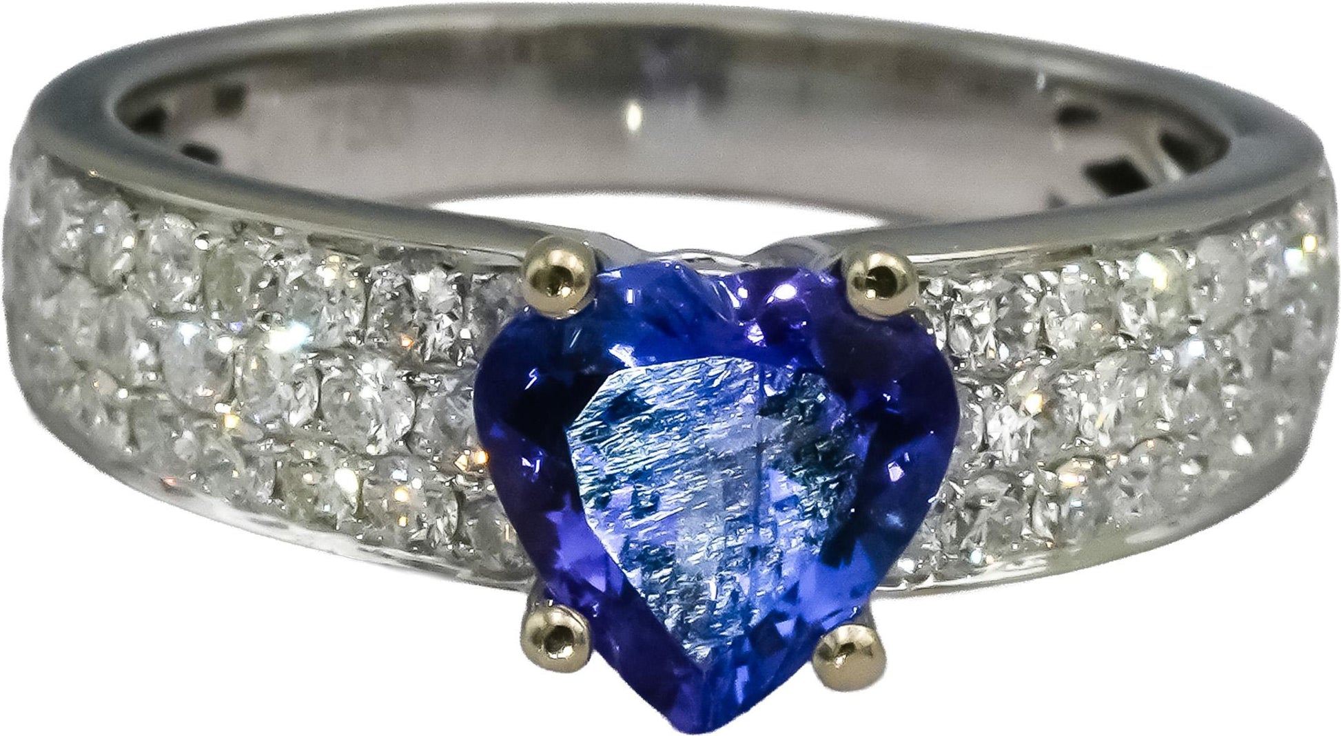 18k White Gold Round Diamond Heart Cut Tanzanite Cocktail Ring 2.28CT Size 6.75