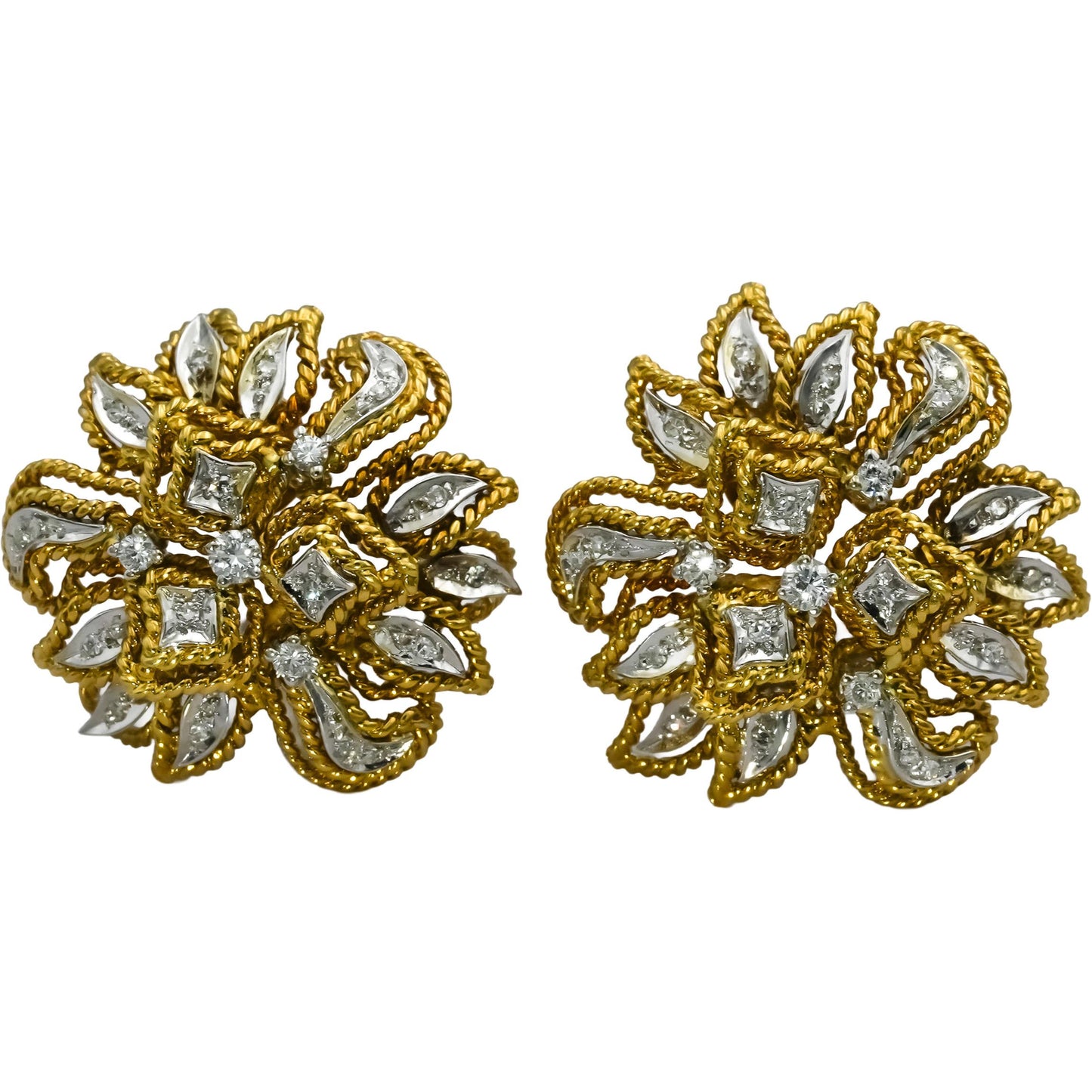 Vintage Retro 18k White and Yellow Gold VS Diamond Flower Clip-On Earrings .50CT