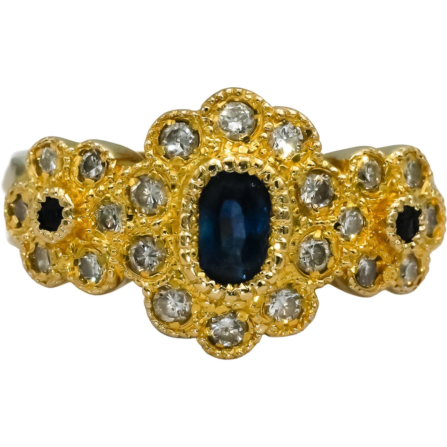 14k Yellow Gold Diamond and Sapphire Floral Cocktail Ring 0.90CT Size 7.5