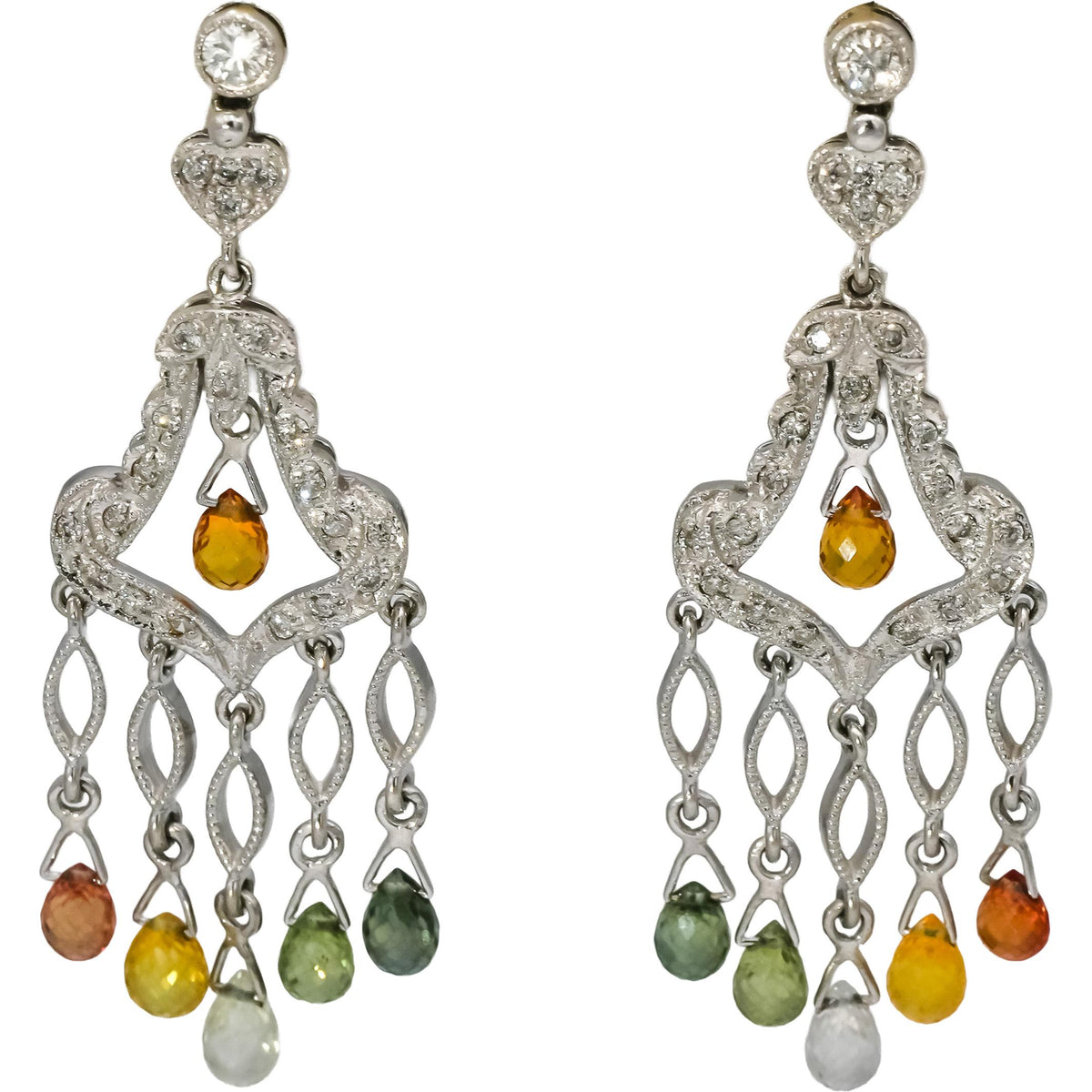 18k White Gold Diamond and Assorted Gemstone Chandelier Dangle Earrings 0.50CT