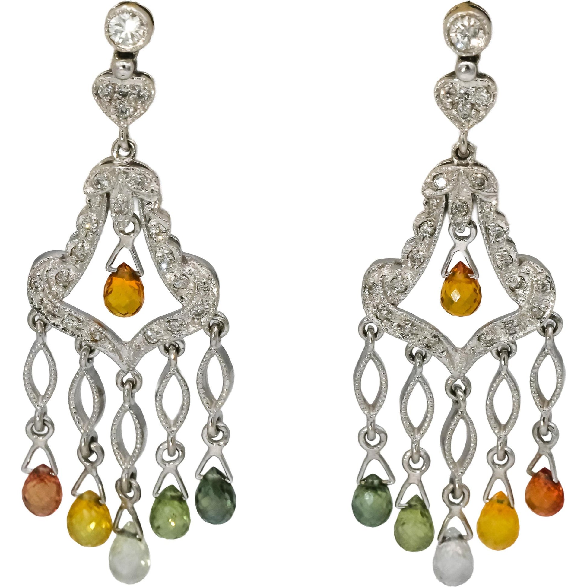 18k White Gold Diamond and Assorted Gemstone Chandelier Dangle Earrings 0.50CT
