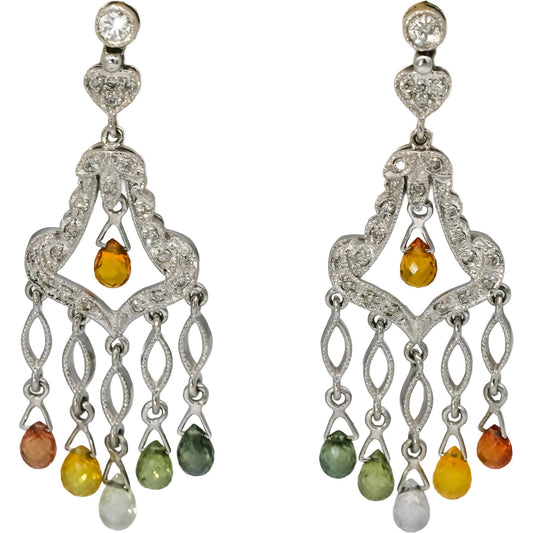 18k White Gold Diamond and Assorted Gemstone Chandelier Dangle Earrings 0.50CT