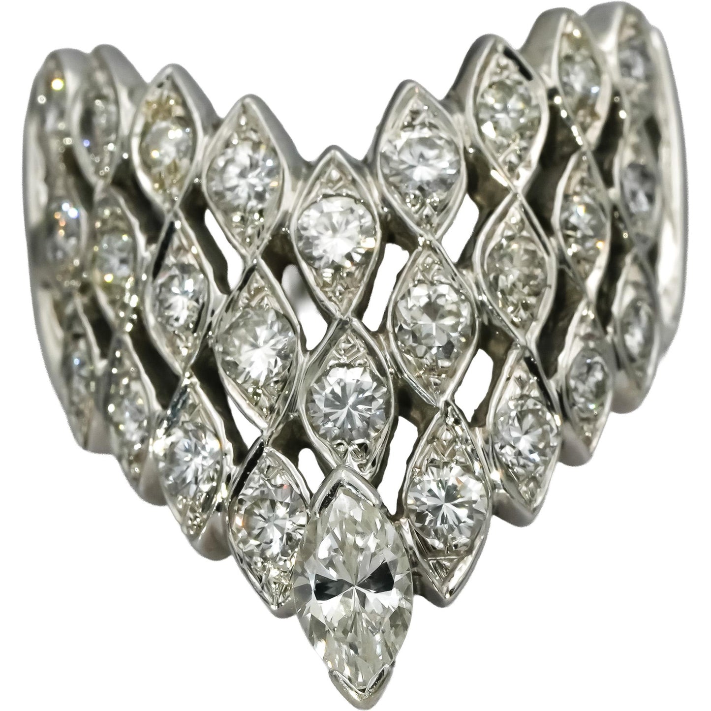 14k White Gold VS Round and Marquise Cut Diamond Chevron Ring 1.50CT Size 8.5