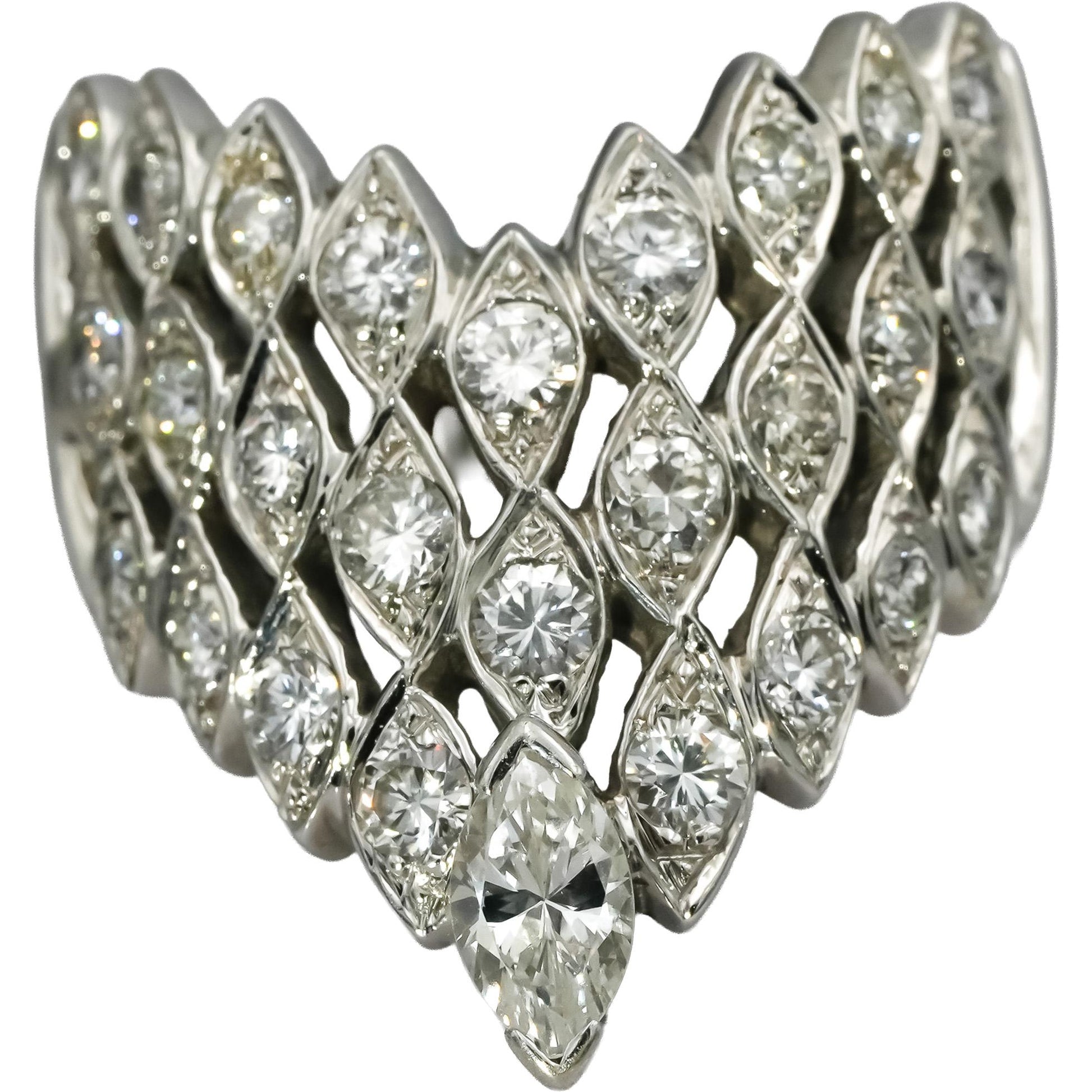 14k White Gold VS Round and Marquise Cut Diamond Chevron Ring 1.50CT Size 8.5