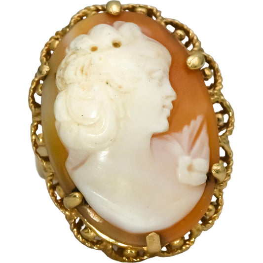 Vintage 14k Yellow Gold Carved Shell Carnelian Cameo Ring Size 9
