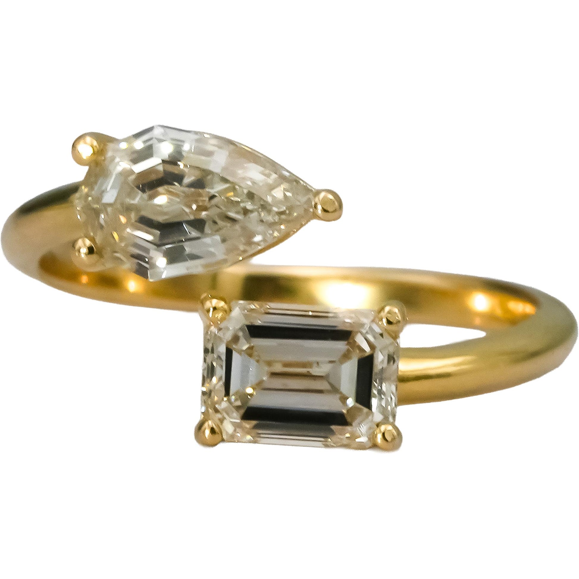 18k Yellow Gold Emerald and Pear Step Cut Diamond Bypass Ring 2.01CT Size 6.5