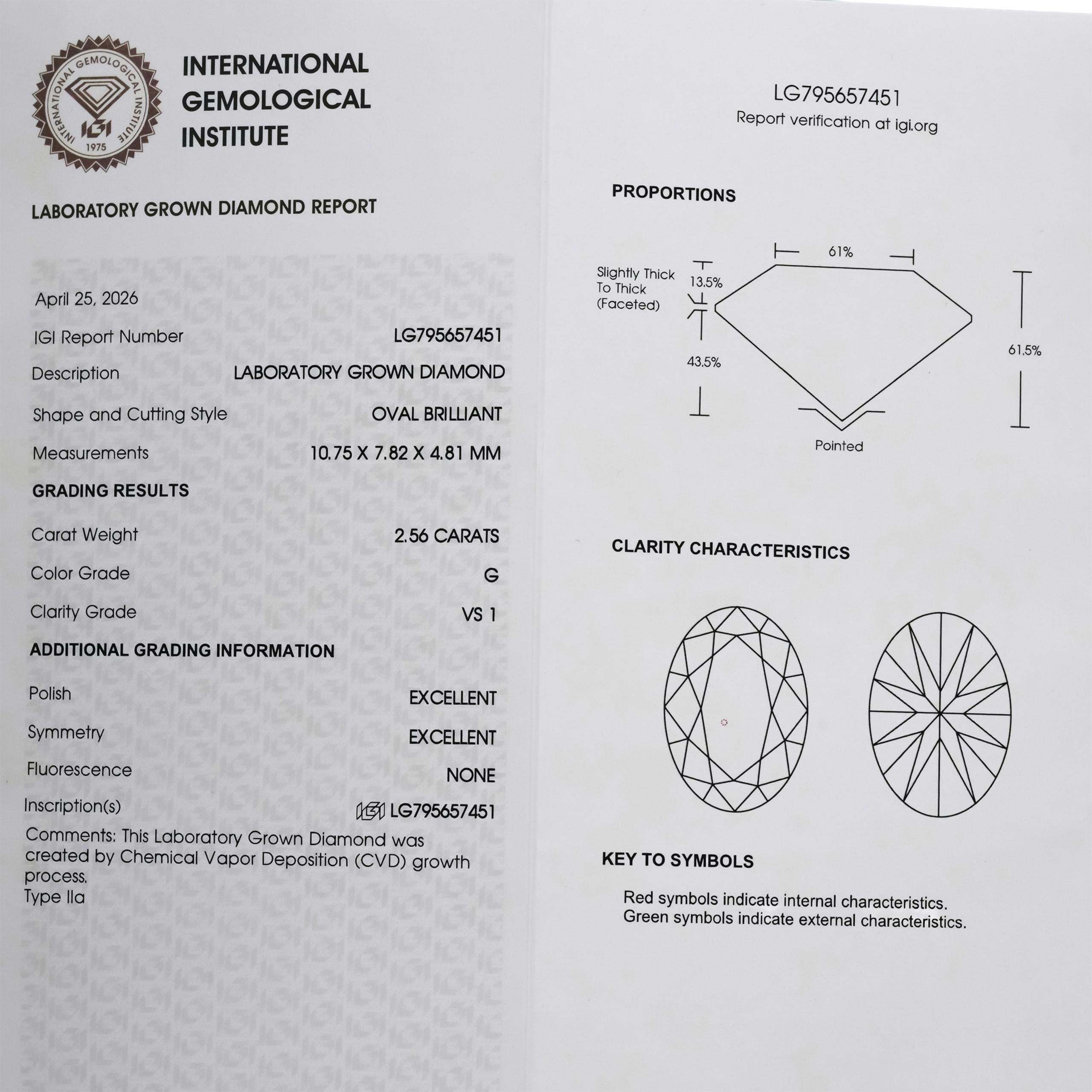 IGI 14k Yellow Gold VS1/G Oval Lab-Grown Diamond Solitaire Ring 2.56CT Size 5.75