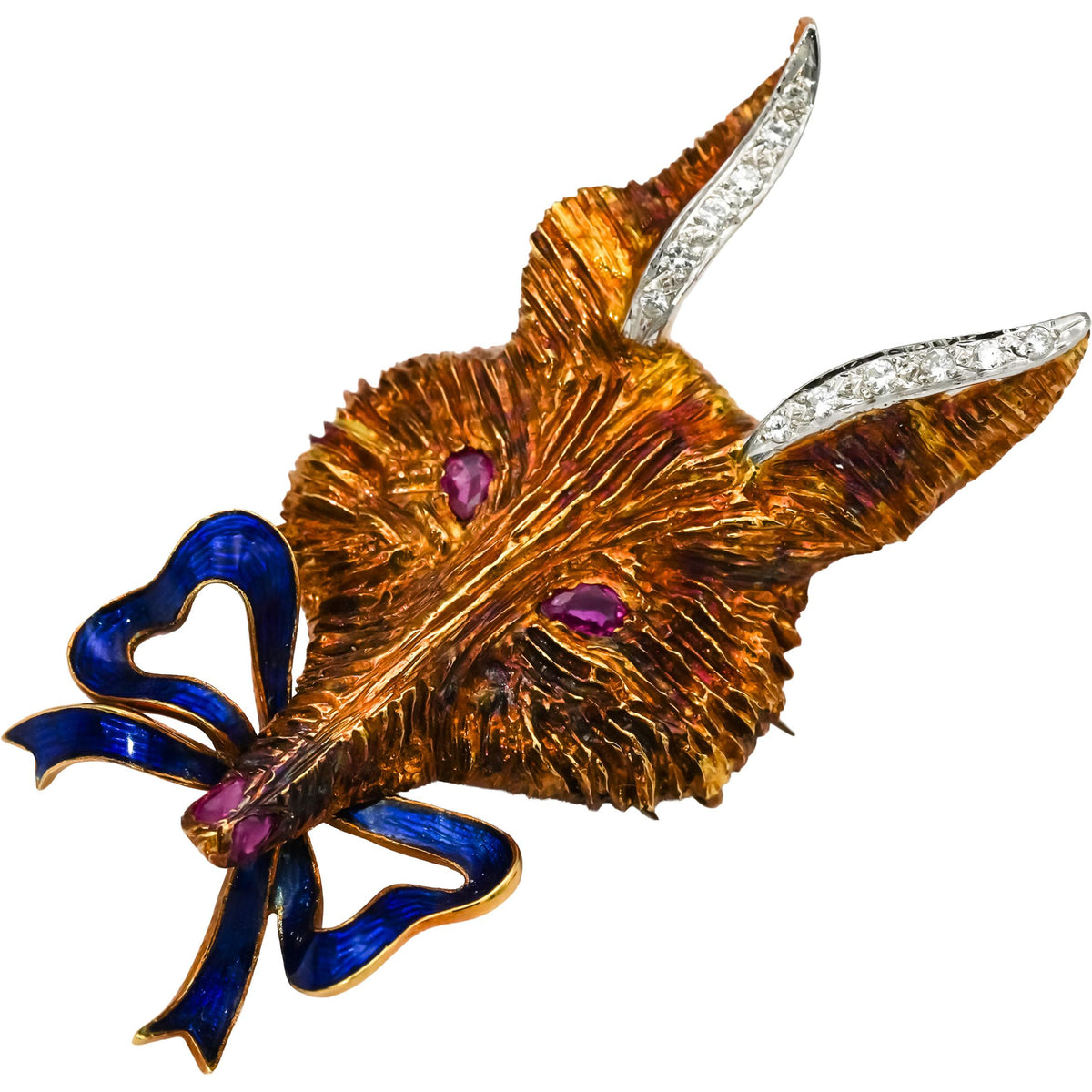 18k Yellow Gold Vintage Diamond Enamel Fox Brooch Pin 0.15CT w/ Ruby Eyes
