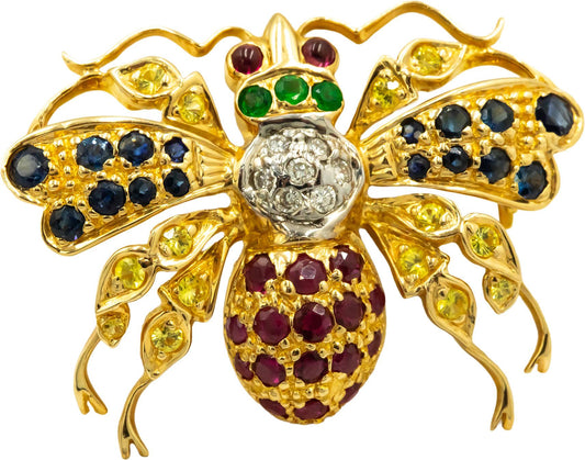 18k Yellow Gold 0.85CT Diamond Sapphire and Emerald Insect Fly Brooch