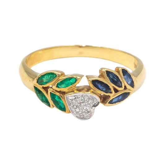 KALATI 18k Gold 0.29CT Diamond Emerald Sapphire Floral Heart Band Ring Size 6.5