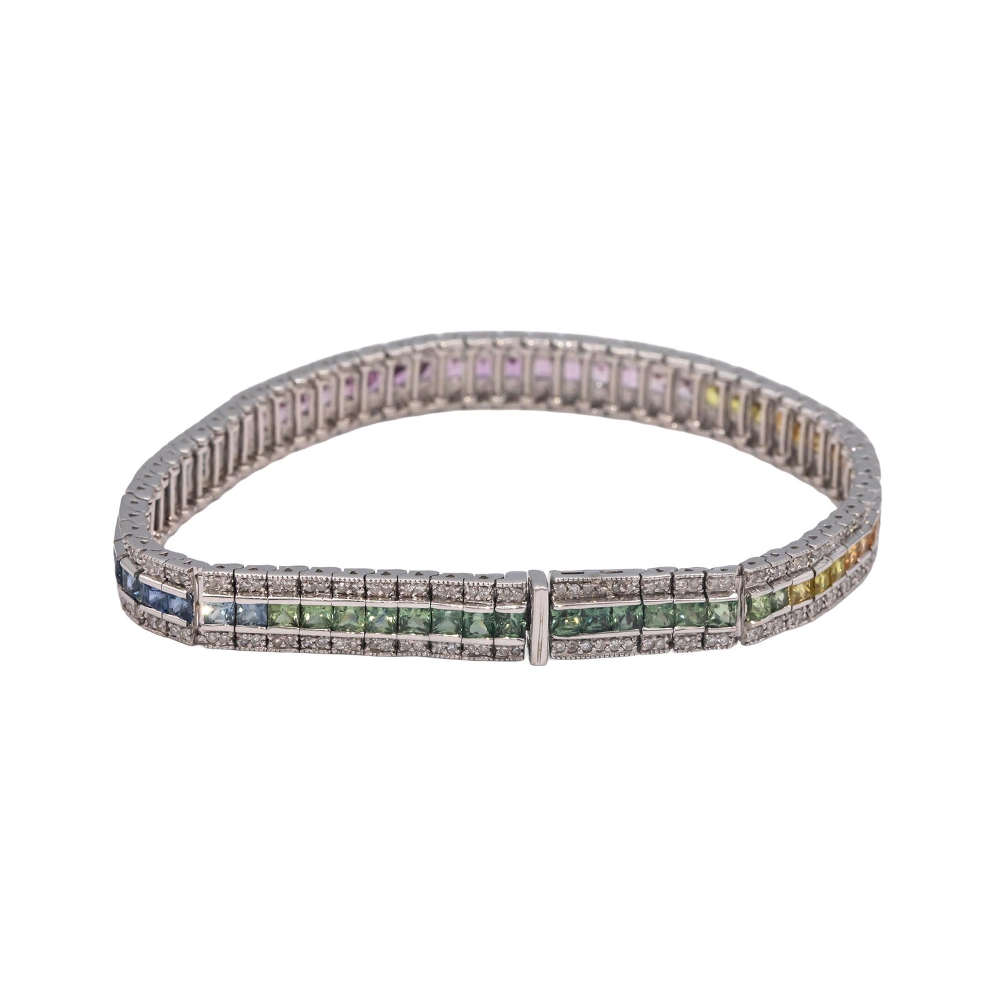 14k White Gold Diamond and Rainbow Sapphire Tennis Bracelet 8.50CT