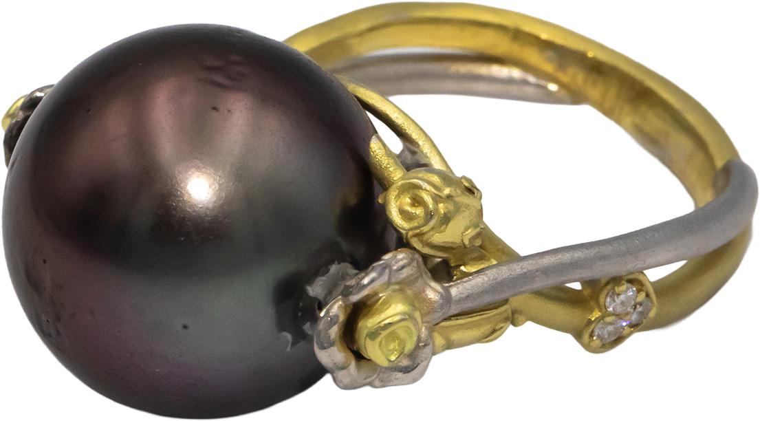 STAMBOLIAN 18k White Yellow Gold 0.03CT Diamond and 14.8mm Pearl Ring Size 4.75