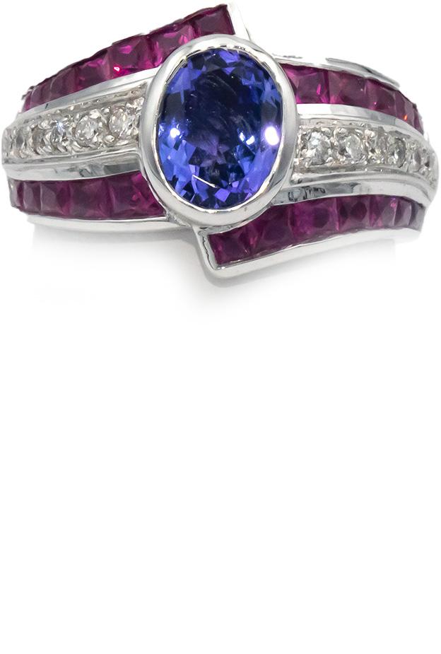 18k White Gold 2.40CT Diamond Tanzanite Ruby Cluster Cocktail Ring Size 7.25