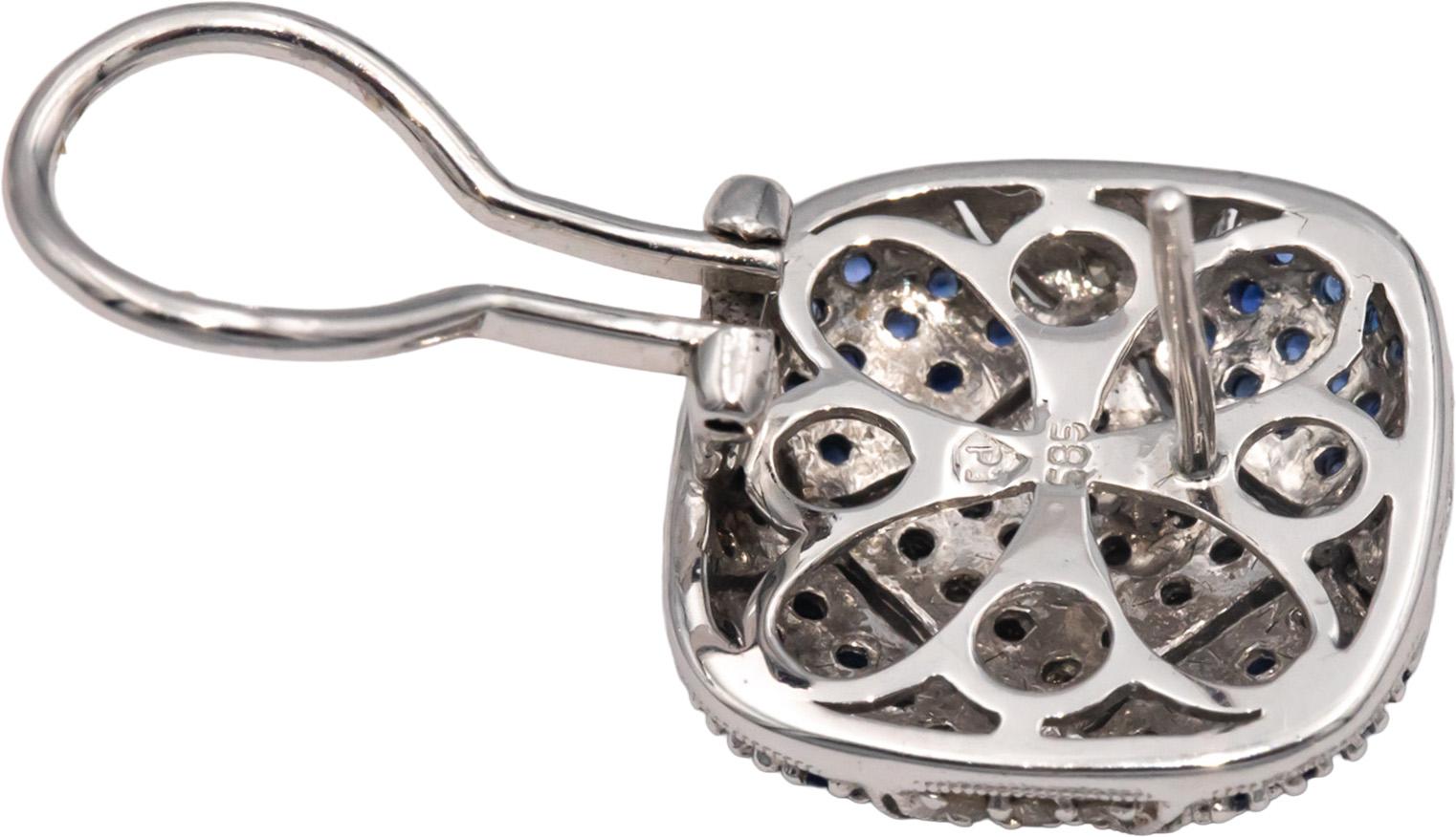 14k White Gold 1.65CT Diamond and Blue Sapphire Cluster Earrings