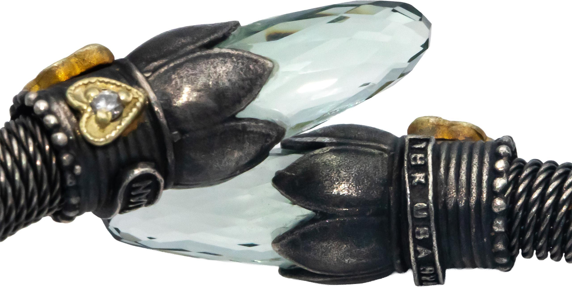 STAMBOLIAN 18k Gold Sterling Silver 0.07CT Diamond Green Amethyst Cuff Bracelet