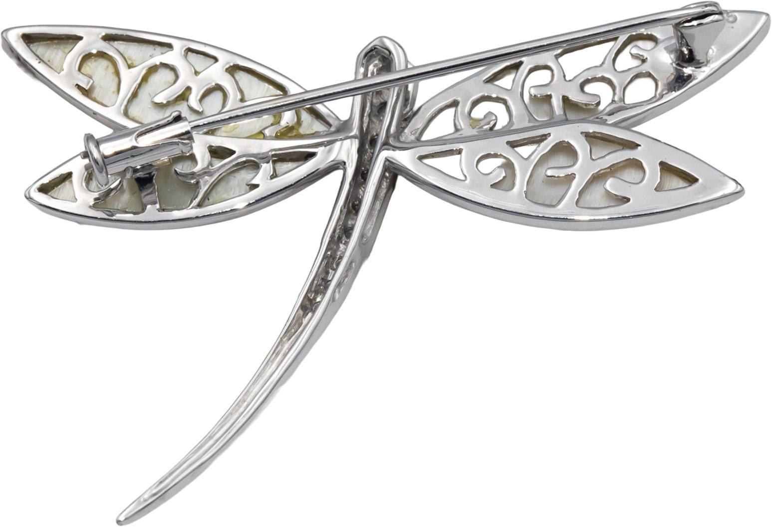 18k White Gold 0.15CT Diamond and Mother of Pearl Dragonfly Brooch Pin