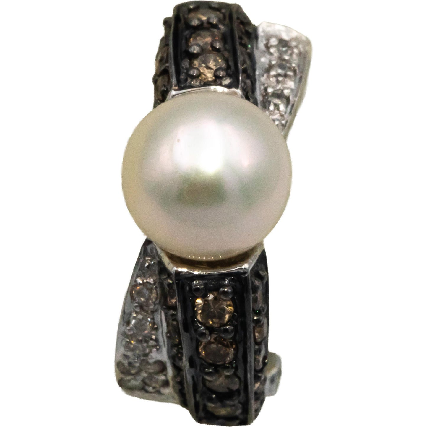 14k White Gold 0.33CT White and Brown Diamond and 7.7mm Pearl Curved Earrings