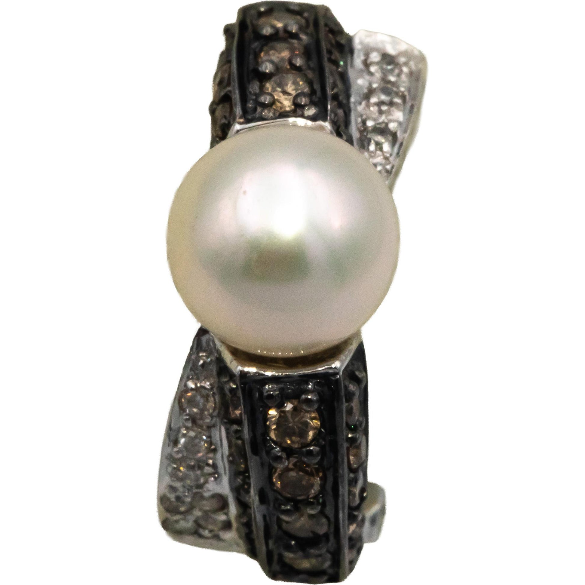 14k White Gold 0.33CT White and Brown Diamond and 7.7mm Pearl Curved Earrings
