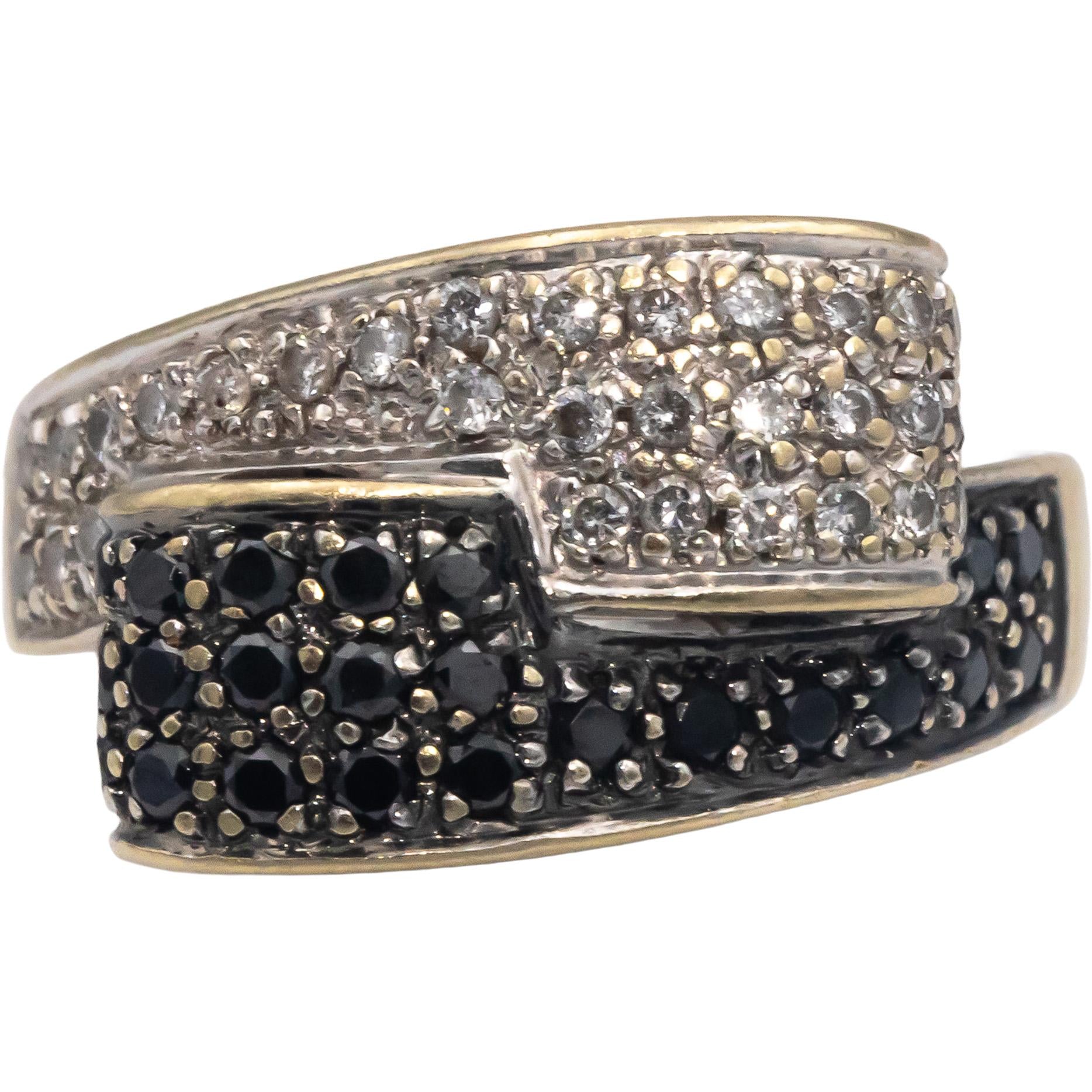 18k White Yellow Gold White and Black Diamond Crossover Ring 0.76CT Size 6.5