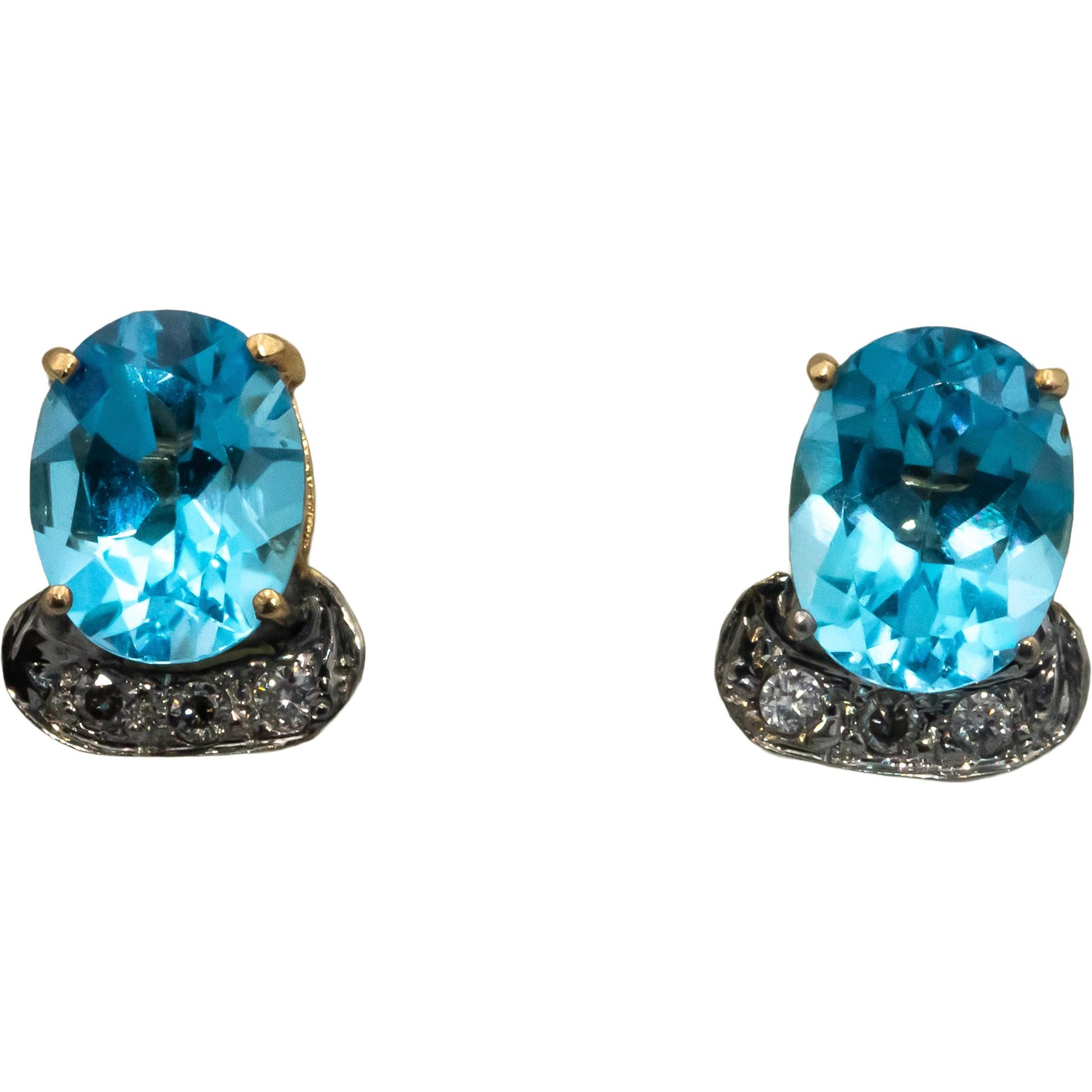 14k Yellow & White Gold Diamond and Blue Topaz Stud Earrings 3.10CT