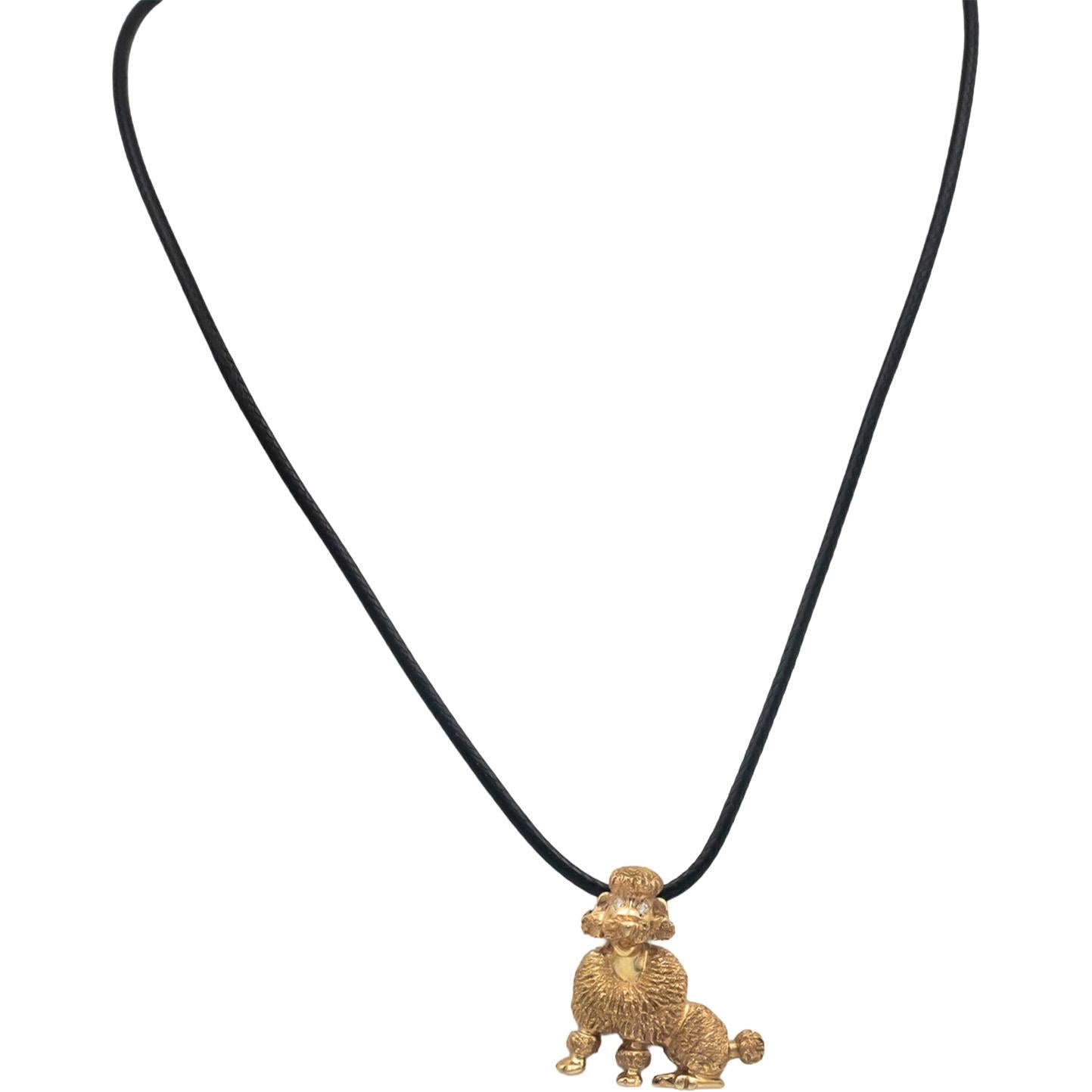 14k Yellow Gold 0.03CT Round Cut Diamond Textured Poodle Dog Pendant Necklace