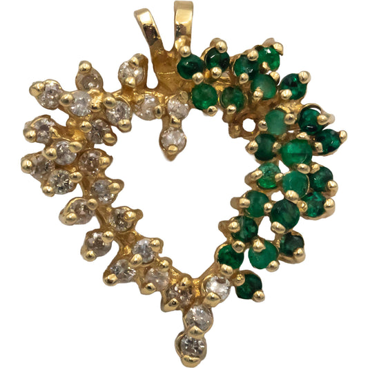 14k Yellow Gold 1.0CT Diamond and Emerald Cluster Heart Pendant