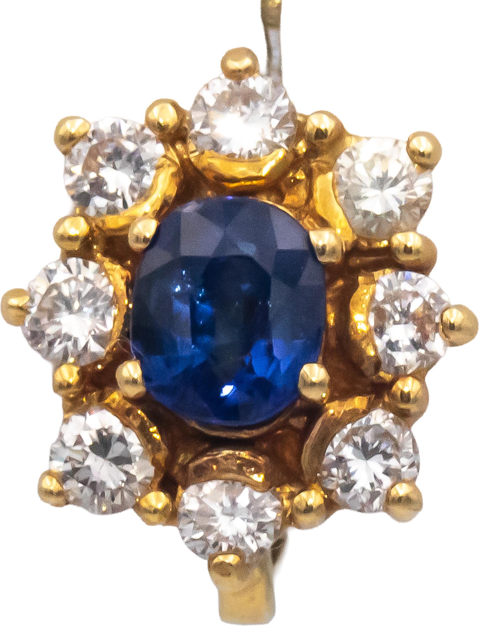 18k Yellow Gold Jewelry 2.25CT Round Diamond and Oval Blue Sapphire Earrings